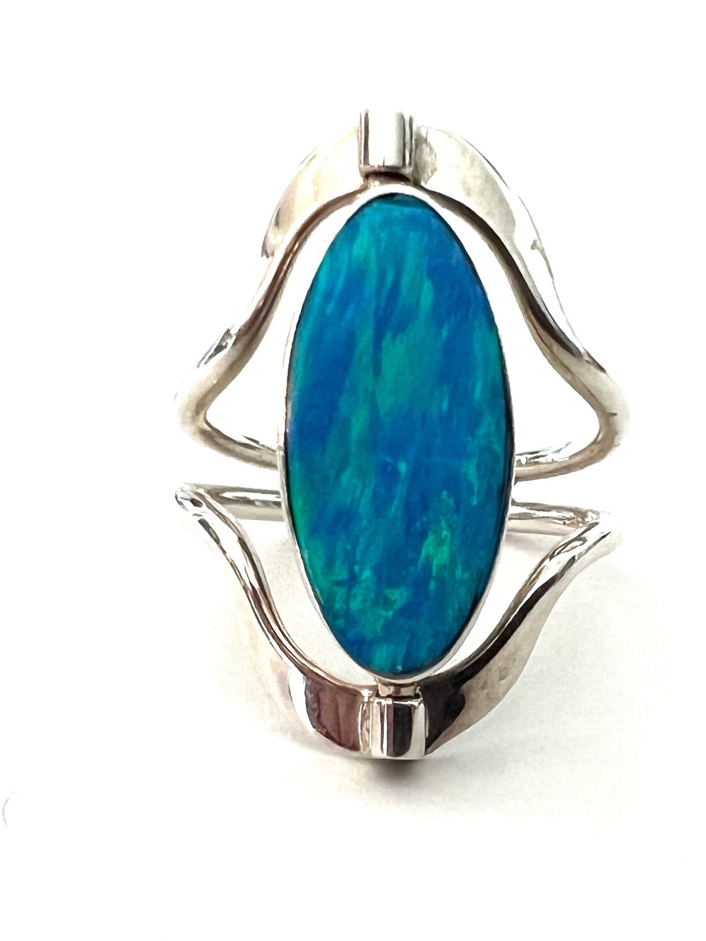Blue Opalescent and Black Sterling Silver Reversible Ring - Women Jewelry Size 7